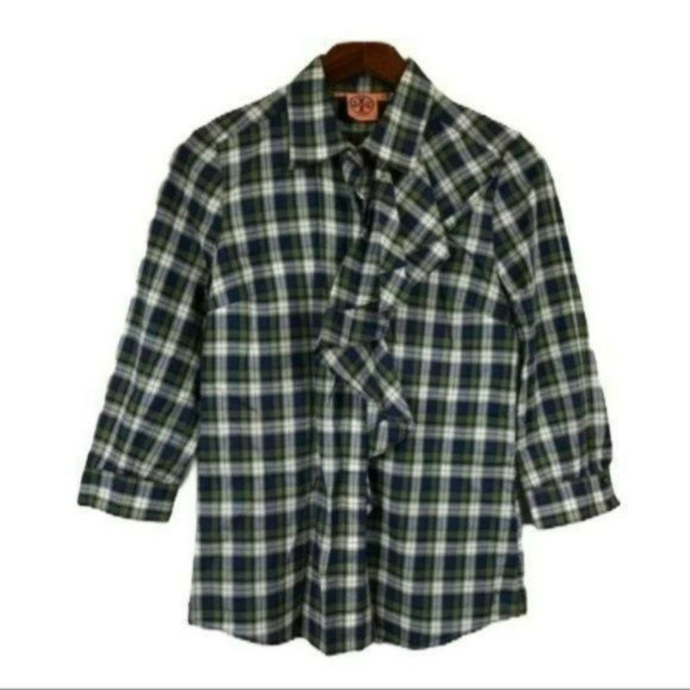 Tory Burch Preppy Academia Asymmetrical Ruffled Plaid Top, Size 4